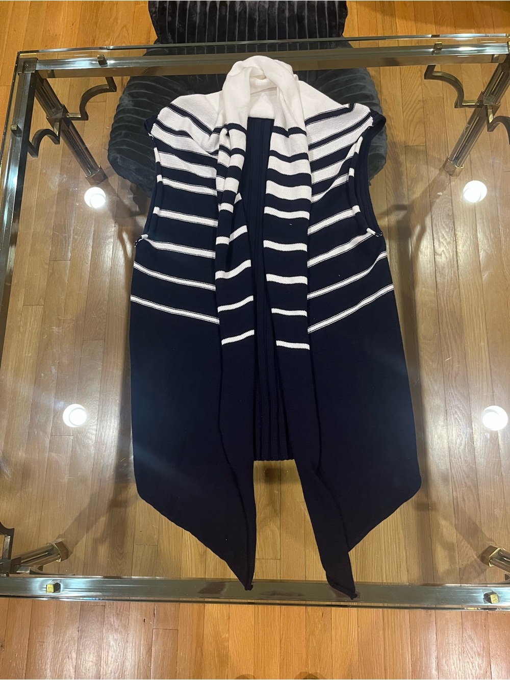 Navy and White Striped Open-Front Sleeveless Vest